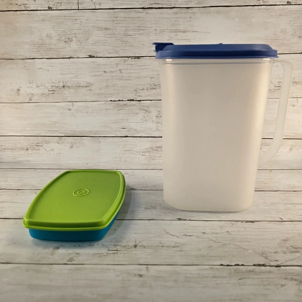 Tupperware Slim Pitcher Blue Lid 2L & Rectangular Container Green Lid 814-5 Set